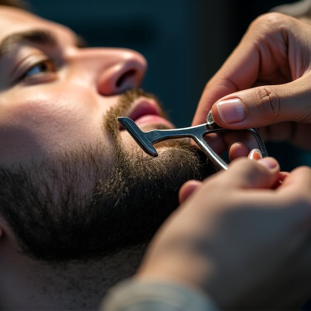 Barbero profesional perfilando una barba con navaja clásica